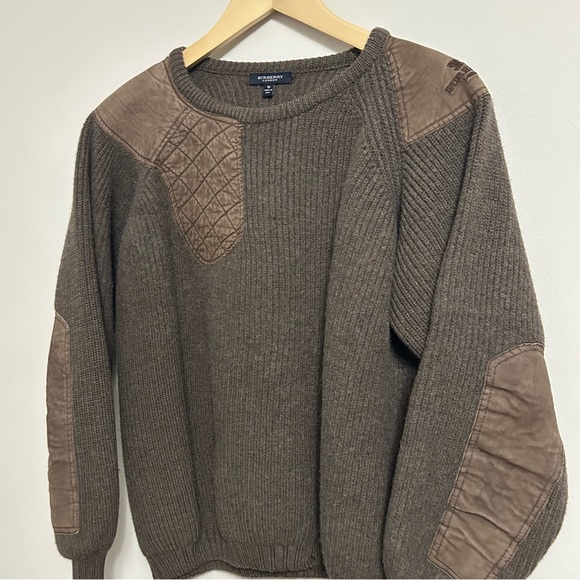 90s Vintage Burberry London Women’s Pullover Wool Leather Knit Sweater Medium - Picture 2 of 5